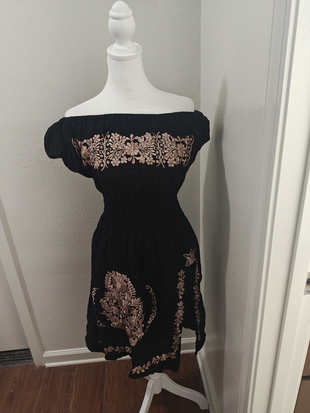 Mexican Tradition Black Dress with Blush Floral Embroidery